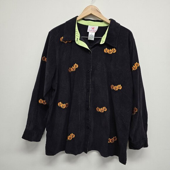 VTG Quacker Factory Black Pumpkin Fall Halloween Button Up Shirt Size 1X - Picture 1 of 7